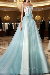 A-Line Tulle Green Long Evening Prom Dress, Green Graduation Dress with Sweep Train