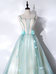 A-Line Tulle Green Long Evening Prom Dress, Green Graduation Dress with Sweep Train