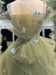 A-Line Tulle Green Long Prom Dress, Green Tulle Long Sweet 16 Dress