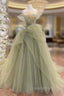 A-Line Tulle Green Long Evening Prom Dress, Green Tulle Long Sweet 16 Dress