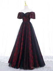 A-Line Tulle Lace Black/burgundy Long Prom Dress, Black/Burgundy Long Formal Dress