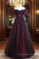 A-Line Tulle Lace Black/burgundy Long Evening Prom Dress, Black/Burgundy Long Evening Dress