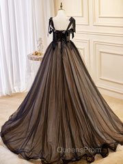 A-Line Tulle Lace Black Long Evening Prom Dress, Black Evening Dress