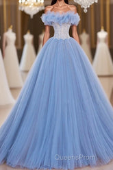A-Line Tulle Lace Blue Long Evening Prom Dress, Blue Lace Long Formal Dress
