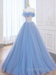 A-Line Tulle Lace Blue Long Evening Prom Dress, Blue Lace Long Formal Dress