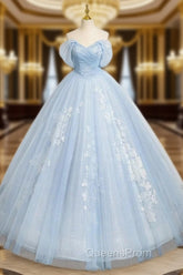 A-Line Tulle Lace Blue Long Evening Prom Dress Off Shoulder Sky Blue Dress