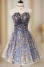 A-Line Tulle Lace Blue Short Evening Prom Dress, Cute Blue Homecoming Dress