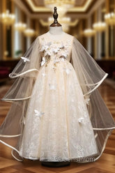 A-Line Tulle Lace Butterfly Champagne Flower Girl Dress