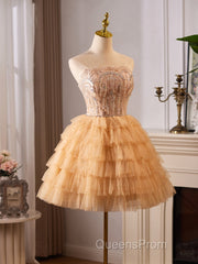 A-Line Tulle Lace Champagne Short Evening Prom Dress, Champagne Homecoming Dress