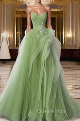 A-Line Tulle Lace Green Long Evening Prom Dress, Green lace Long Evening Dress