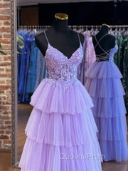 A-Line Tulle Lace Purple Long Evening Prom Dress, Purple Long Evening Dress