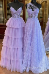 A-Line Tulle Lace Purple Long Evening Prom Dress, Purple Long Evening Dress