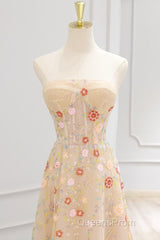 A-Line Tulle Lace Sequin Champagne Long Evening Prom Dress, Champagne Long Formal Dress