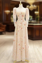 A-Line Tulle Lace Sequin Champagne Long Evening Prom Dress, Champagne Long Formal Dress