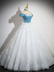 A-Line Tulle Lace White/Blue Long Evening Prom Dress, White/Blue Long Evening Dress