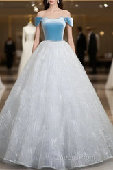 A-Line Tulle Lace White/Blue Long Evening Prom Dress, White/Blue Long Evening Dress