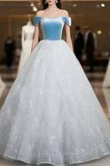 A-Line Tulle Lace White/Blue Long Evening Prom Dress, White/Blue Long Evening Dress