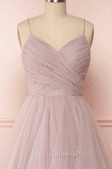 A-Line Tulle Layers Long Evening Dress, Cute V-Neck Evening Party Dress