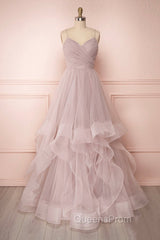 A-Line Tulle Layers Long Evening Dress, Cute V-Neck Evening Party Dress