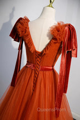 A-Line Tulle Long Evening Prom Dress, Orange V-Neck Long Simple Evening Dress