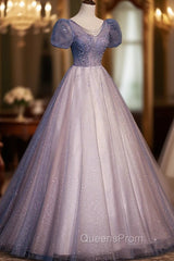 A-Line Tulle Long Evening Prom Dress with Beaded, Blue Short Sleeve Evening Dress