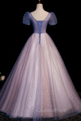 A-Line Tulle Long Evening Prom Dress with Beaded, Blue Short Sleeve Evening Dress