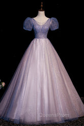 A-Line Tulle Long Evening Prom Dress with Beaded, Blue Short Sleeve Evening Dress