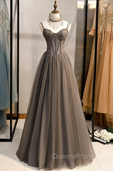 A-Line Tulle Long Evening Prom Dress with Beading, Cute Evening Party Dress