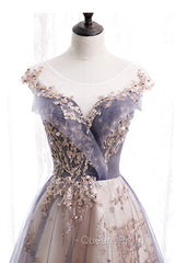 A-Line Tulle Long Evening Prom Dress with Sequins, Cute Scoop Neckline Evening Dress