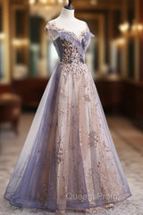 A-Line Tulle Long Evening Prom Dress with Sequins, Cute Scoop Neckline Evening Dress