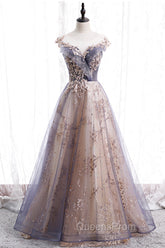 A-Line Tulle Long Evening Prom Dress with Sequins, Cute Scoop Neckline Evening Dress