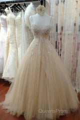 A Line Tulle Long Evening Prom Straps Sweetheart Lace Appliques Wedding Dress
