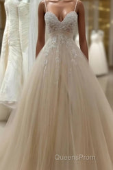 A Line Tulle Long Evening Prom Straps Sweetheart Lace Appliques Wedding Dress