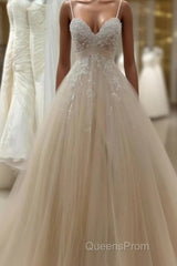 A Line Tulle Long Evening Prom Straps Sweetheart Lace Appliques Wedding Dress