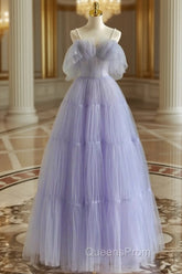 A-Line Tulle Purple Long Evening Prom Dress, Purple Long Graduation Dress