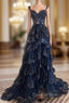 A-Line Tulle Sequin Black Long Evening Prom Dress, Black Sequin Long Evening Dress
