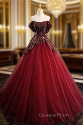 A-Line Tulle Sequin Burgundy Long Evening Prom Dress, Off Shoulder Burgundy Evening Dress