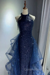 A-Line Tulle Sequin Dark Blue Long Evening Prom Dress, Dark Blue Long Formal Dress