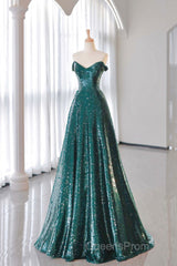 A-Line Tulle Sequin Green Long Evening Prom Dress, Green Formal Evening Dress