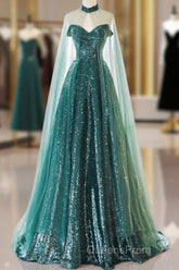 A-Line Tulle Sequin Green Long Evening Prom Dress, Green Formal Evening Dress