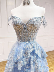 A-Line Tulle Sequin Lace Blue Long Evening Prom Dress, Blue Long Formal Dress