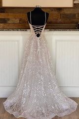 A-Line Tulle Sequins Long Evening Prom Dress, Spaghetti Strap Backless Evening Dress