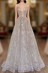 A-Line Tulle Sequins Long Evening Prom Dress, Spaghetti Strap Backless Evening Dress