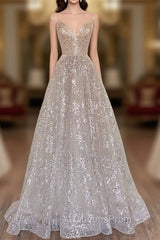 A-Line Tulle Sequins Long Evening Prom Dress, Spaghetti Strap Backless Evening Dress