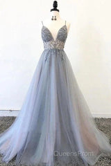 A Line Tulle Spaghetti Straps V Neck Appliques Long Evening Prom Dress Beautiful