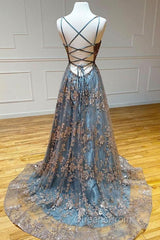 A-line Tulle Straps Sequins Lace Evening Prom Dress Split Evening Dress