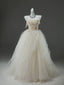 A-Line Tulle Sweep Train Champagne Long Classy Prom Dress With Applique