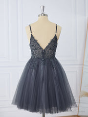 A-line Tulle V-neck Beading Short/Mini Dress