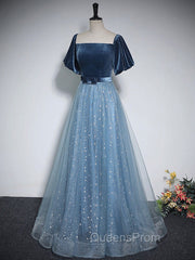 A-Line Tulle Velvet Blue Long Evening Prom Dress, Blue Tulle Evening Dress