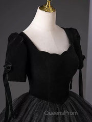 A-Line Tulle Velvet Sequin Black Long Evening Prom Dress, Black Long Evening Dress